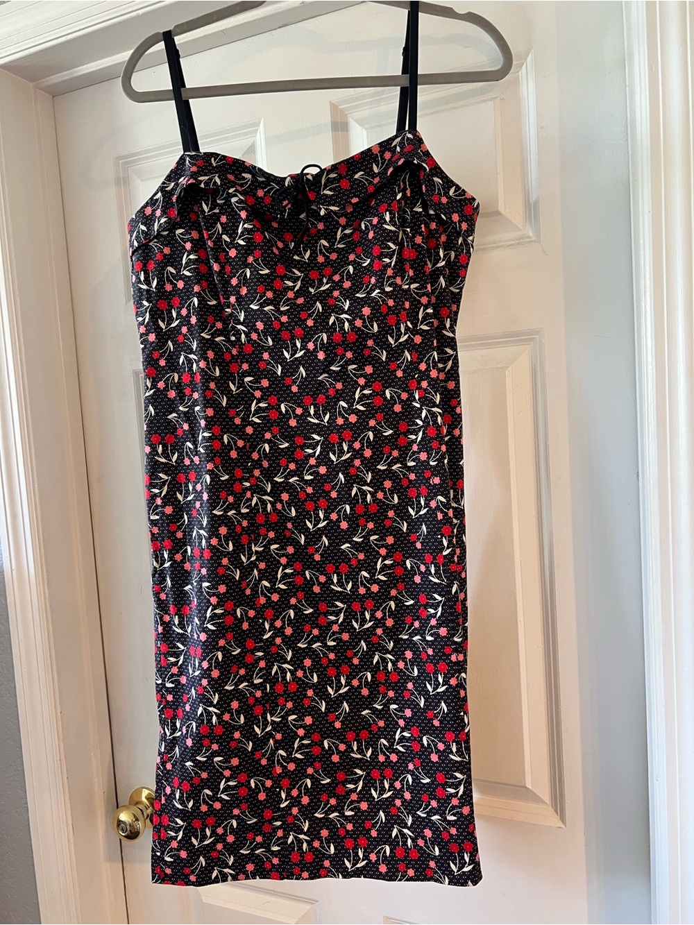 LOFT Black Midi Slip Dress with Red Cherry Floral Print